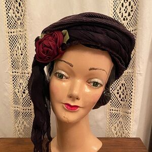 Vintage Purple/Blue Hat with Red Rose Accent
